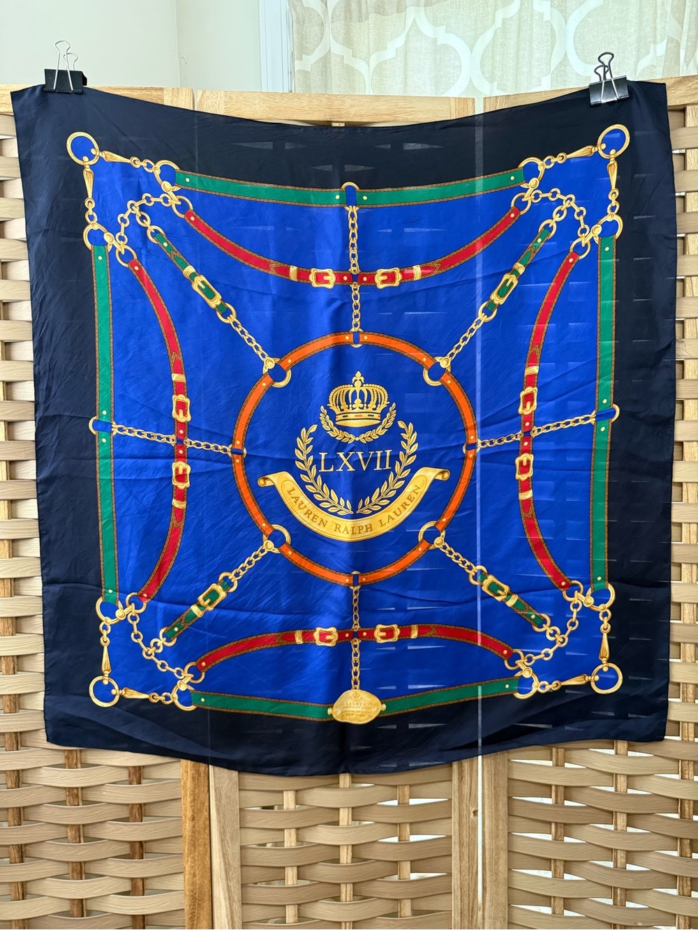 Ralph Lauren Blue, Black, Red & Green Silk Scarf with Gold Chain Motif